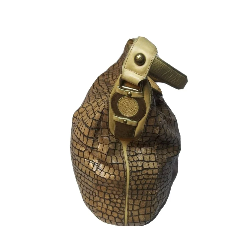 Vintage Donald J Pliner Leather Hobo Shoulder Bag Croc Embossed Tan Retail $275